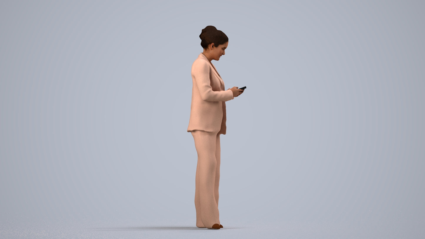 3D human model woman business standing, photogrammetry scanned person for archviz, side view render