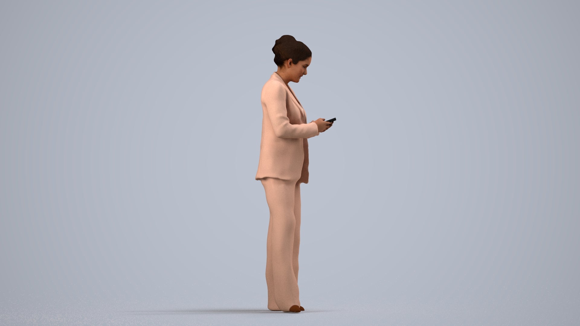 3D human model woman business standing, photogrammetry scanned person for archviz, side view render