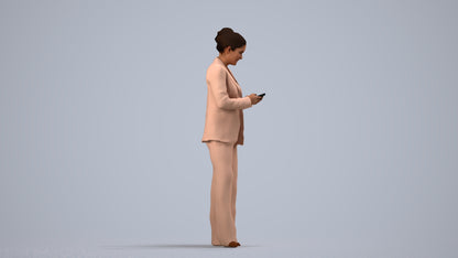 3D human model woman business standing, photogrammetry scanned person for archviz, side view render