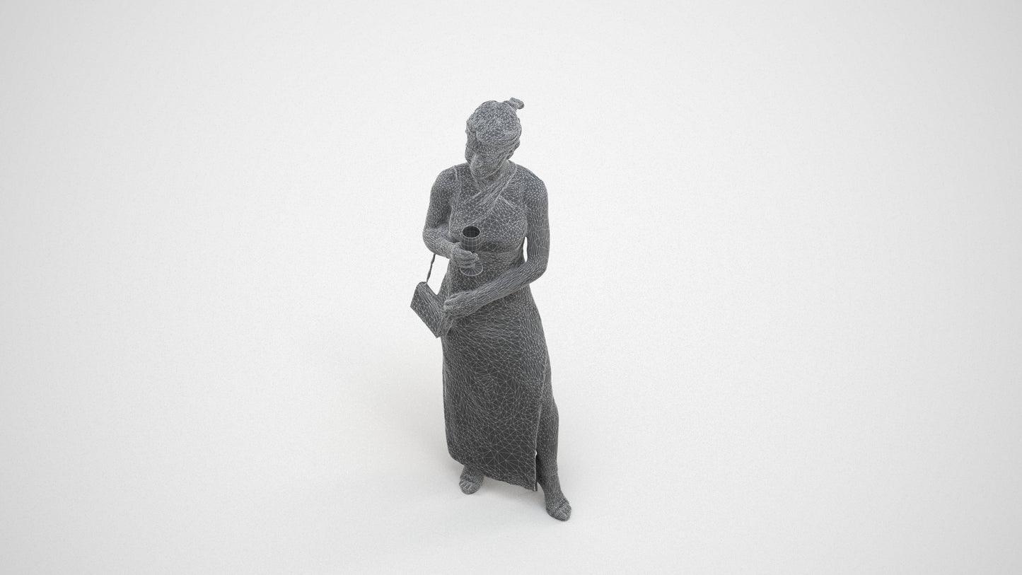 photogrammetry 3D woman formal formalaffairs, realistic human model archviz FBX, wireframe three-quarter view
