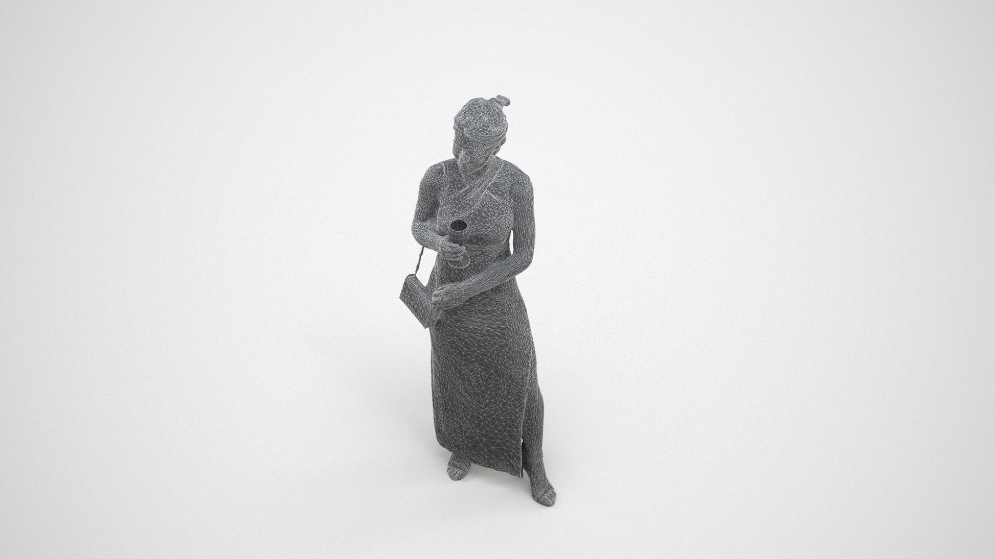 photogrammetry 3D woman formal formalaffairs, realistic human model archviz FBX, wireframe three-quarter view