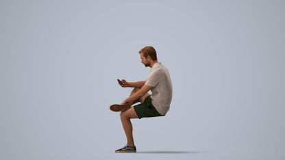 photogrammetry 3D man casual sitting, realistic human model archviz FBX, three-quarter view render