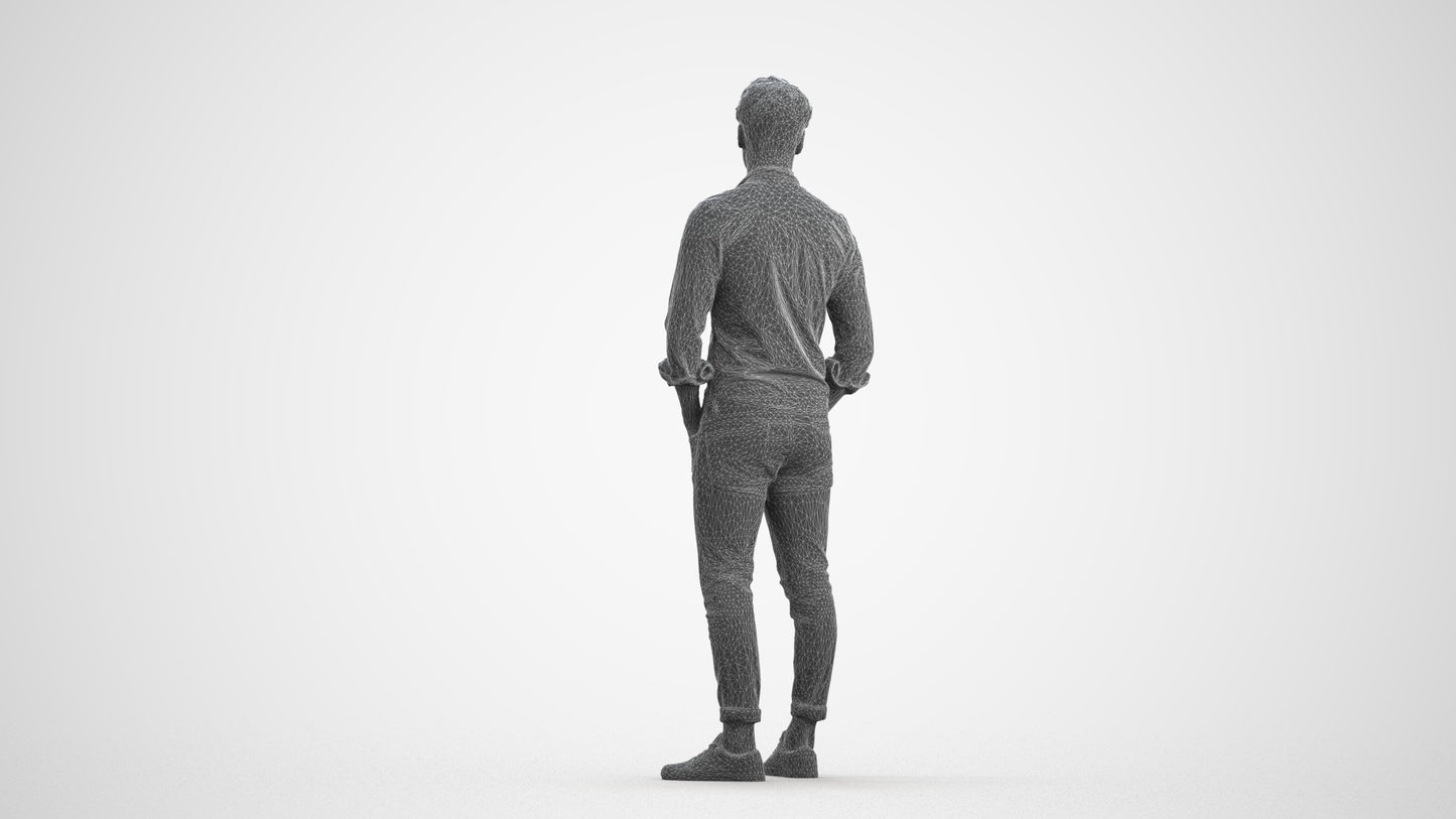 3D scanned man mix casual, photorealistic archviz people for Enscape and SketchUp, wireframe front view