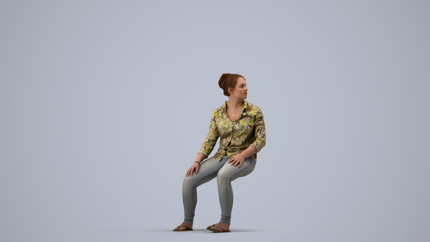 photogrammetry 3D woman casual sitting, realistic human model archviz FBX, side view render
