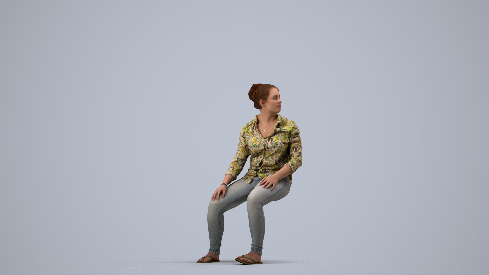 photogrammetry 3D woman casual sitting, realistic human model archviz FBX, side view render