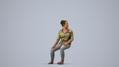 photogrammetry 3D woman casual sitting, realistic human model archviz FBX, side view render