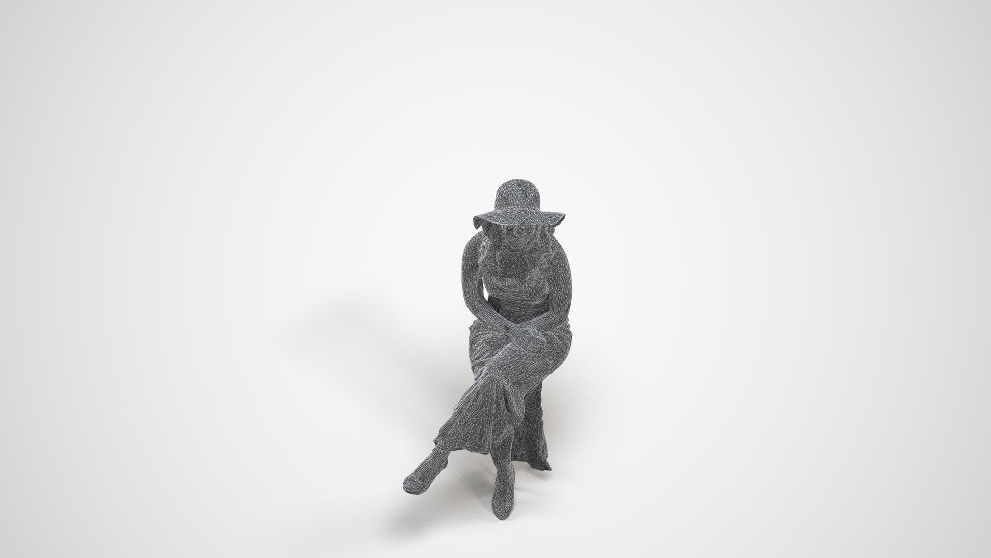 realistic 3D human woman casual sitting, archviz people FBX OBJ for Blender, wireframe three-quarter view