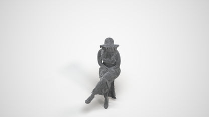realistic 3D human woman casual sitting, archviz people FBX OBJ for Blender, wireframe three-quarter view