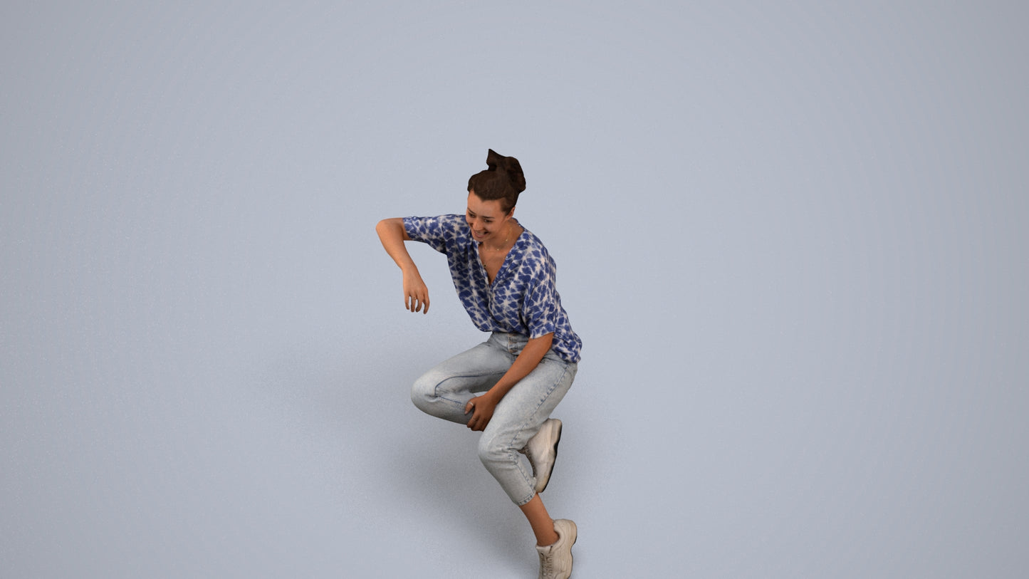 3D scanned woman sitting casual, photorealistic archviz people for Enscape and SketchUp, back view render