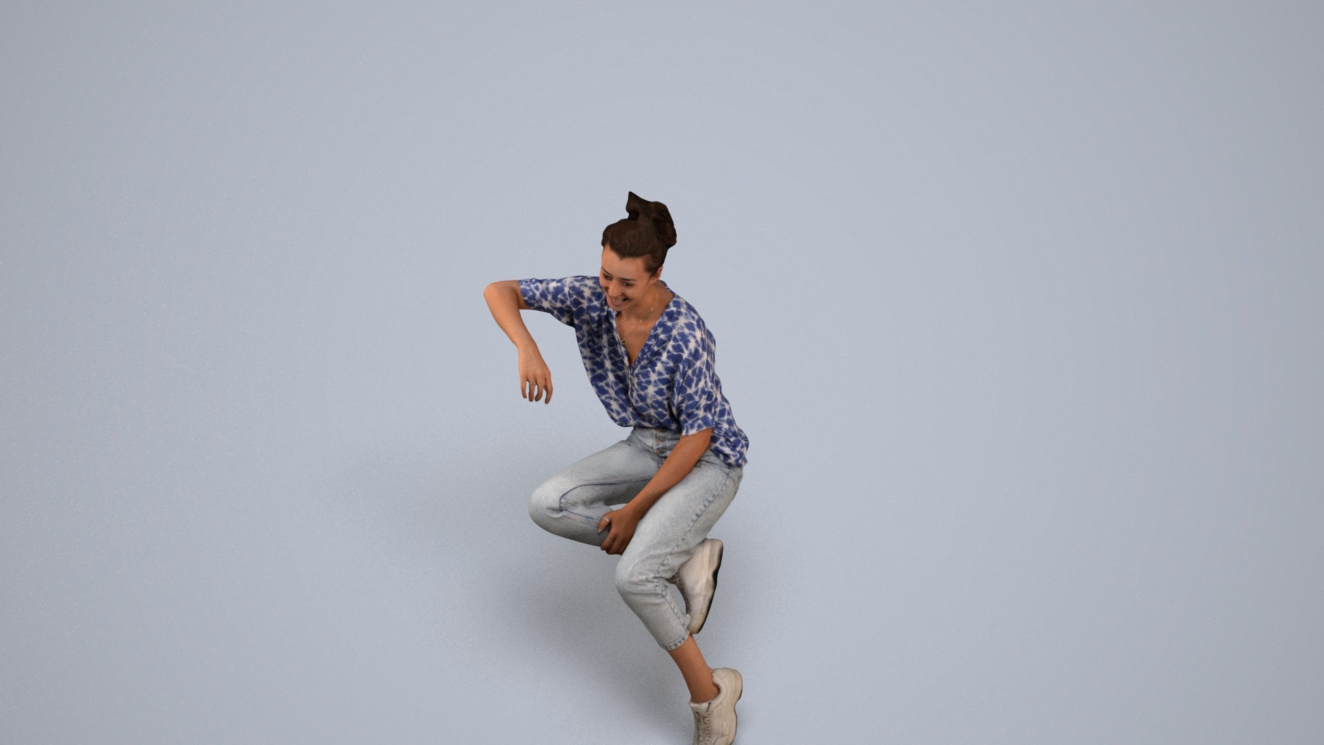 3D scanned woman sitting casual, photorealistic archviz people for Enscape and SketchUp, back view render