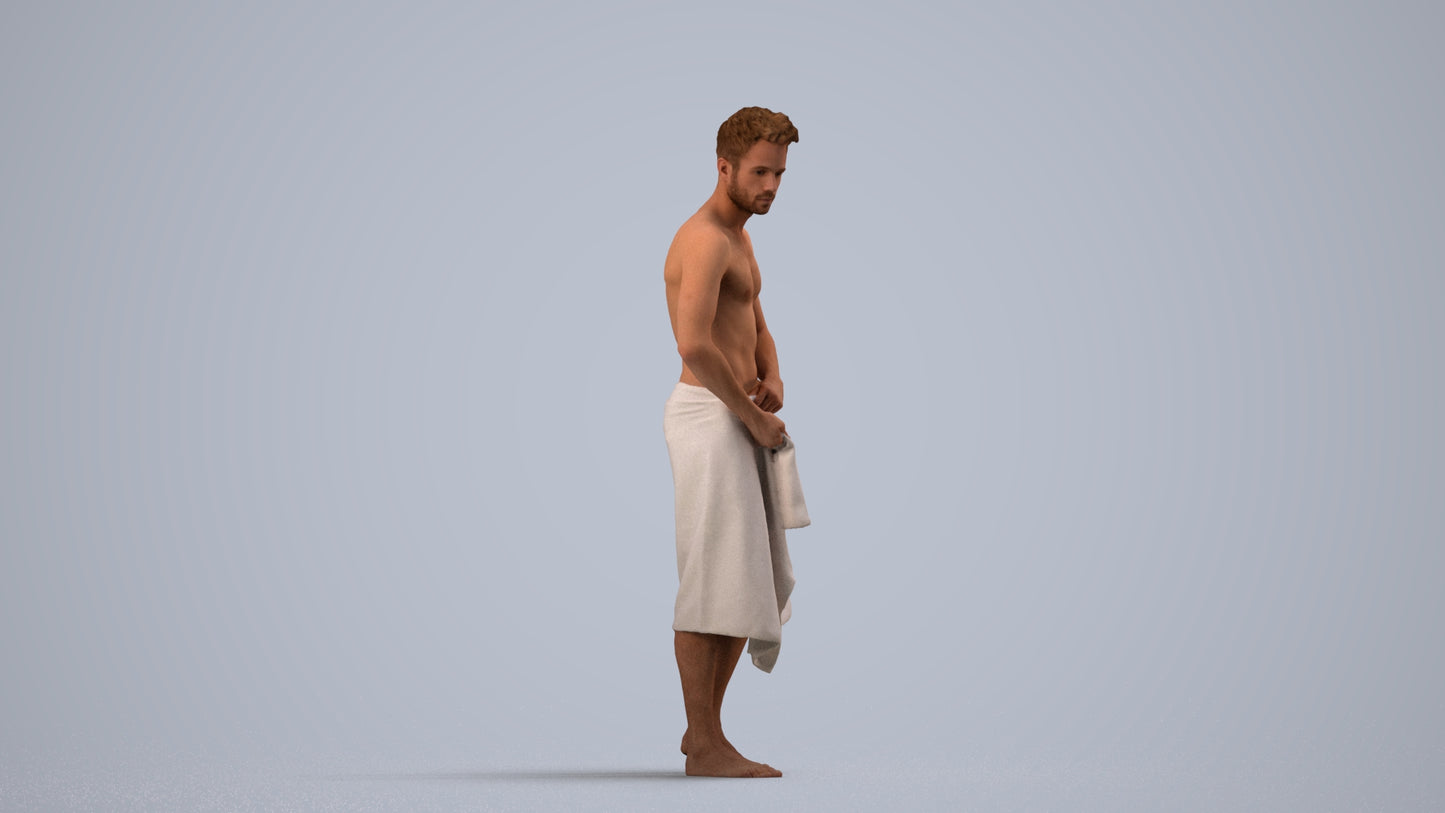 3D human model man casual bathroom, photogrammetry scanned person for archviz, side view render