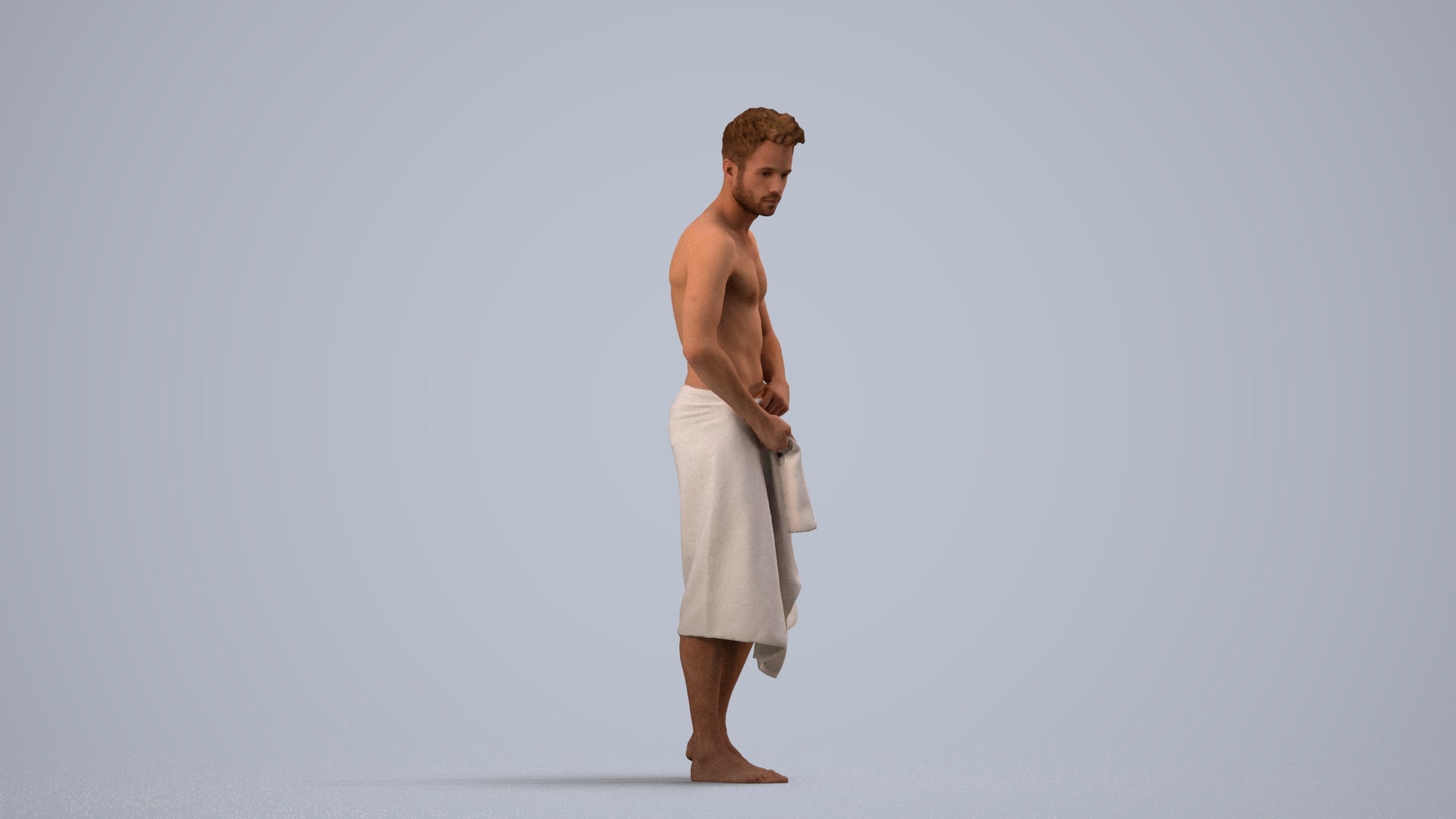 3D human model man casual bathroom, photogrammetry scanned person for archviz, side view render