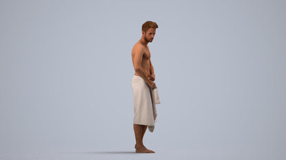 3D human model man casual bathroom, photogrammetry scanned person for archviz, side view render