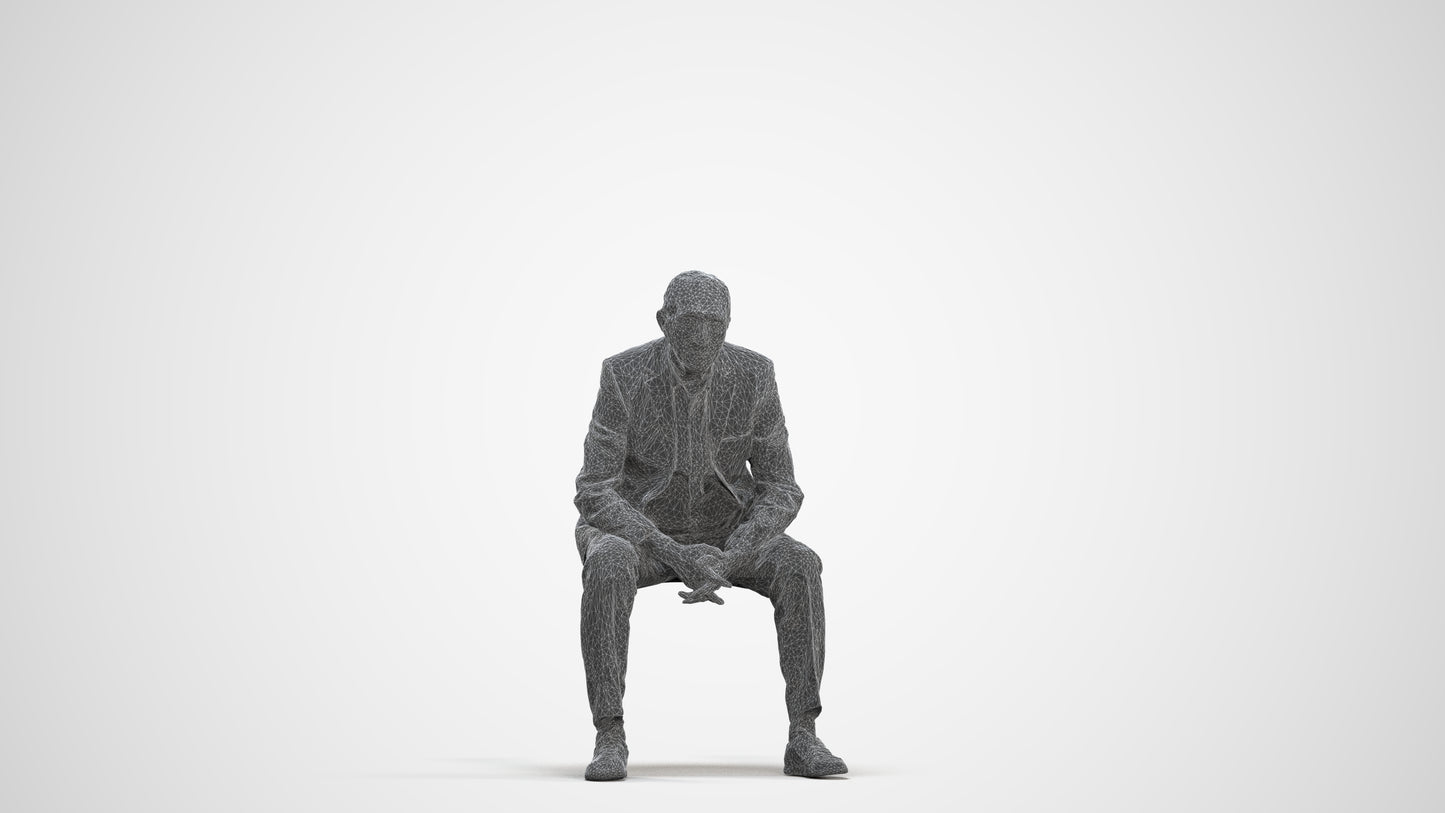 3D human model senior man business sitting, photogrammetry scanned person for archviz, three-quarter front view render