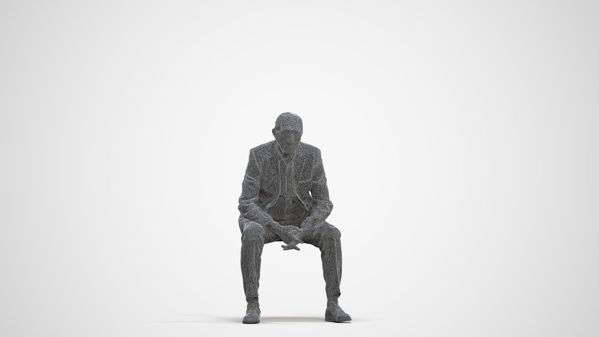 3D human model senior man business sitting, photogrammetry scanned person for archviz, three-quarter front view render