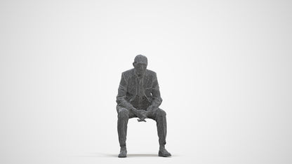 3D human model senior man business sitting, photogrammetry scanned person for archviz, three-quarter front view render