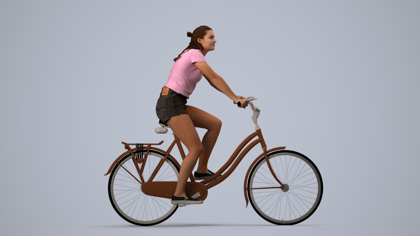 realistic 3D human girl casual cycling, archviz people FBX OBJ for Blender, side view render