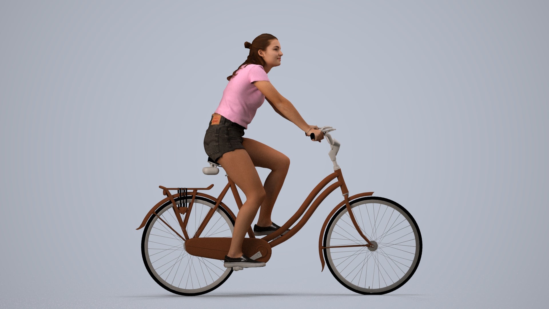 realistic 3D human girl casual cycling, archviz people FBX OBJ for Blender, side view render
