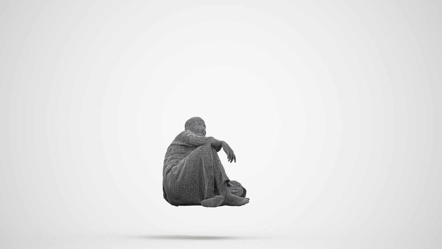 3D people model man casual sitting, scanned human for 3ds Max rendering, wireframe side view