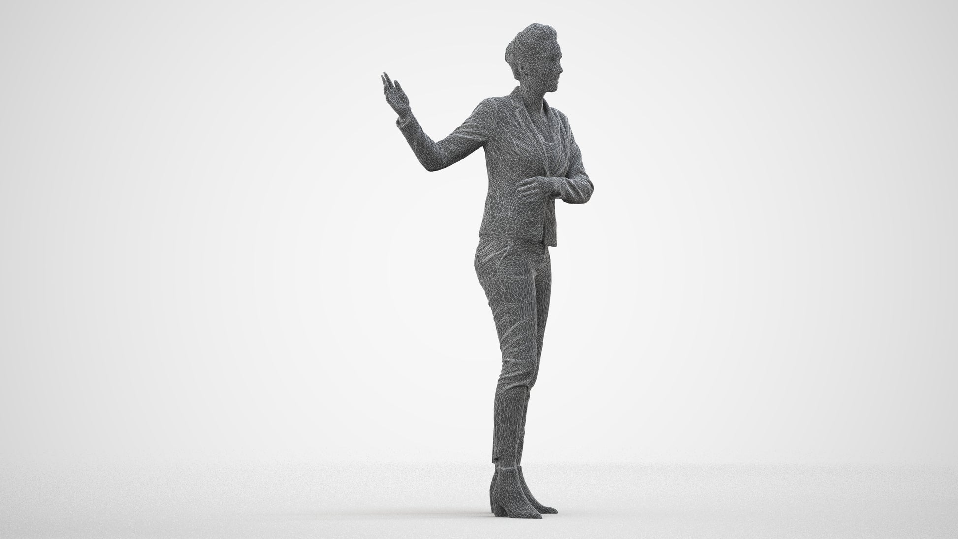 photogrammetry 3D woman business standing, realistic human model archviz FBX, wireframe side view