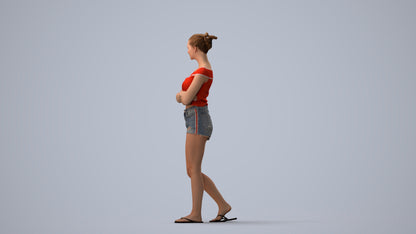 3D scanned girl walking casual, photorealistic archviz people for Enscape and SketchUp, three-quarter view render