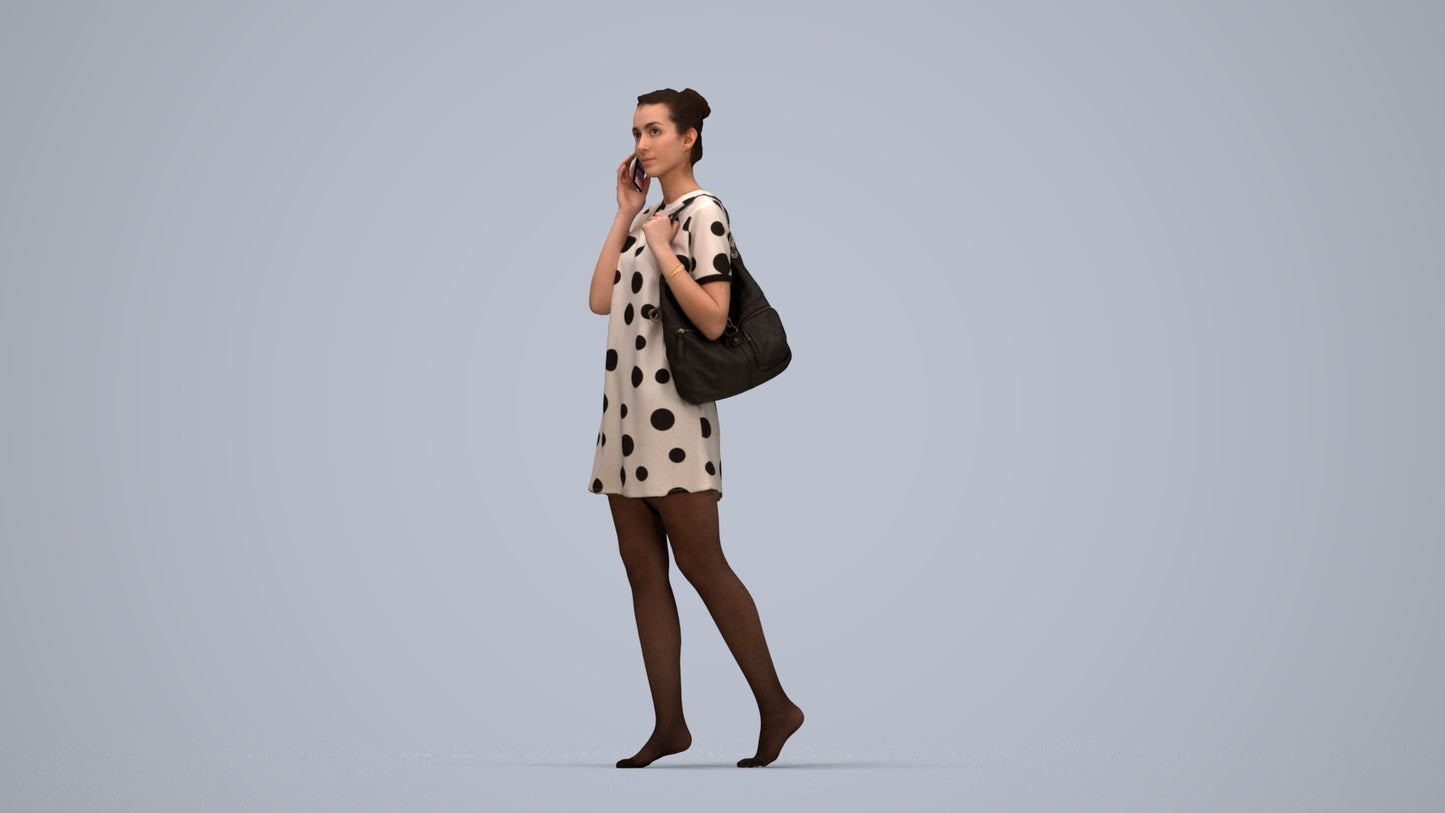 3D human model woman casual walking, photogrammetry scanned person for archviz, top-down view render