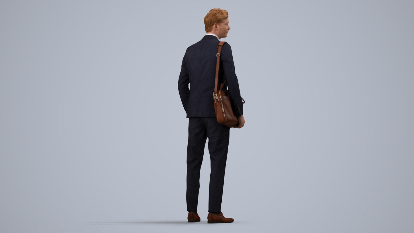 3D human model man business, photogrammetry scanned person for archviz, side view render