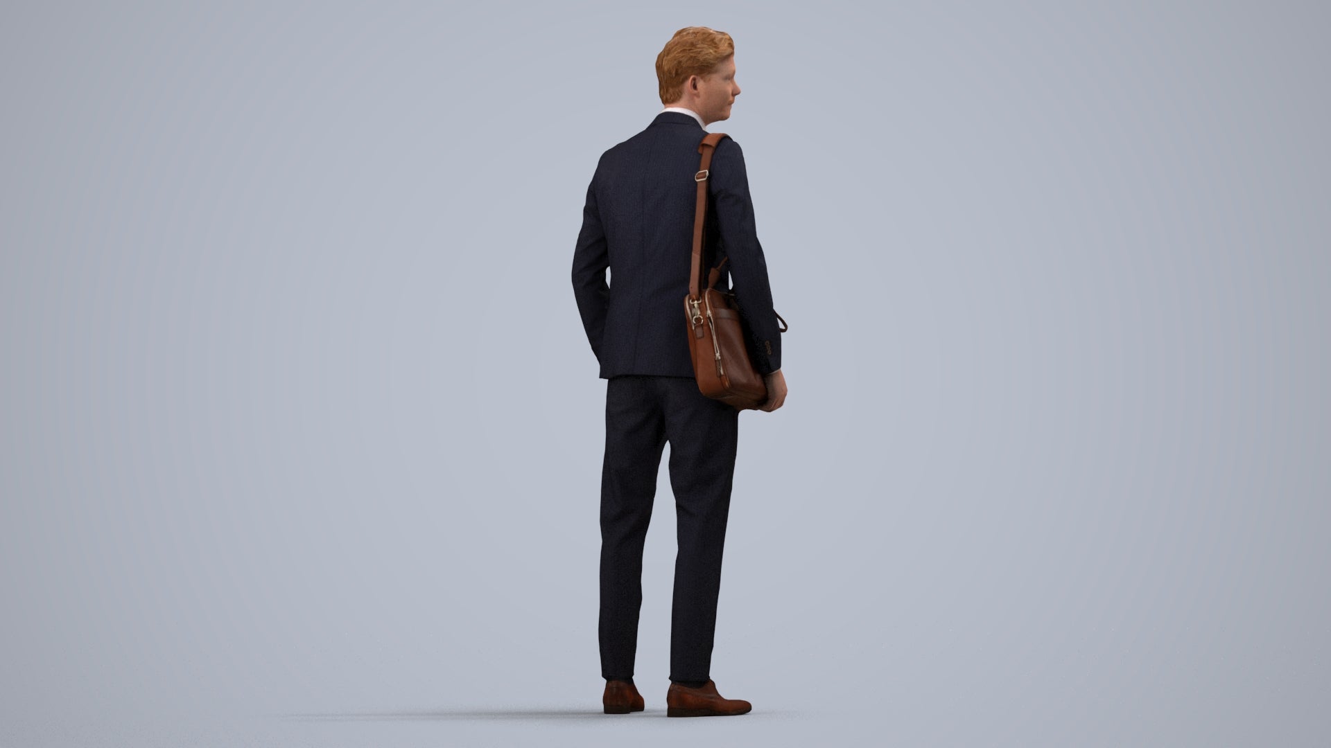 3D human model man business, photogrammetry scanned person for archviz, side view render