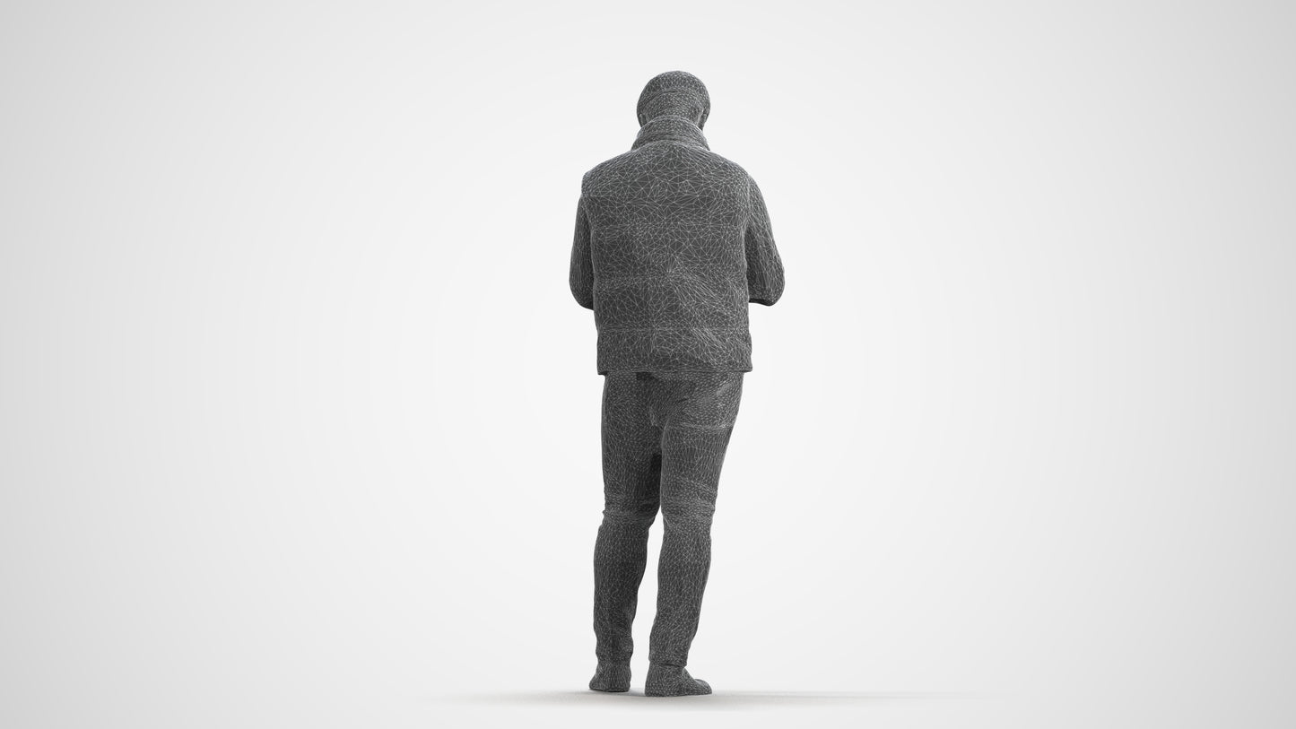 3D scanned man standing casual, photorealistic archviz people for Enscape and SketchUp, wireframe front view
