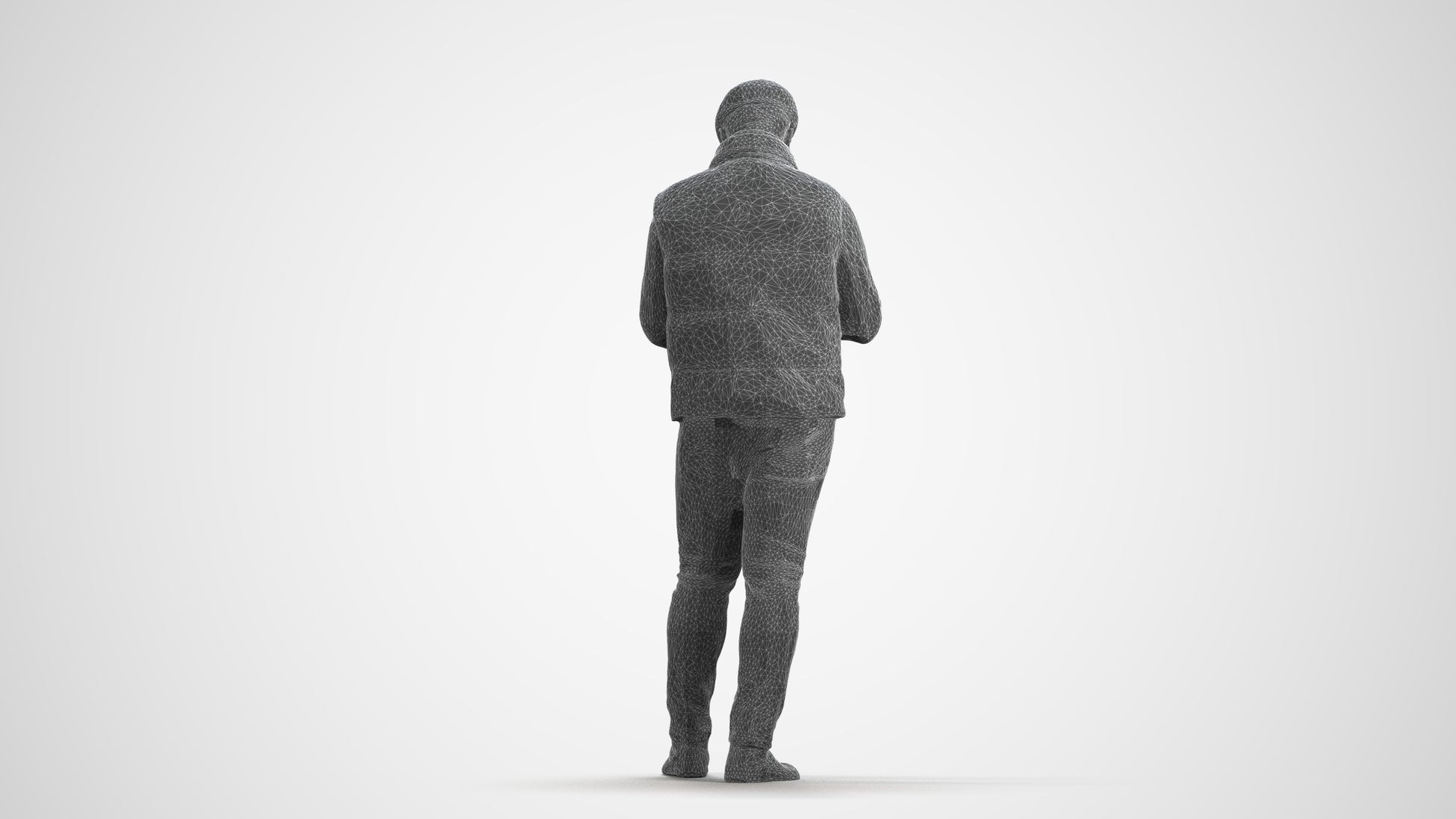 3D scanned man standing casual, photorealistic archviz people for Enscape and SketchUp, wireframe front view