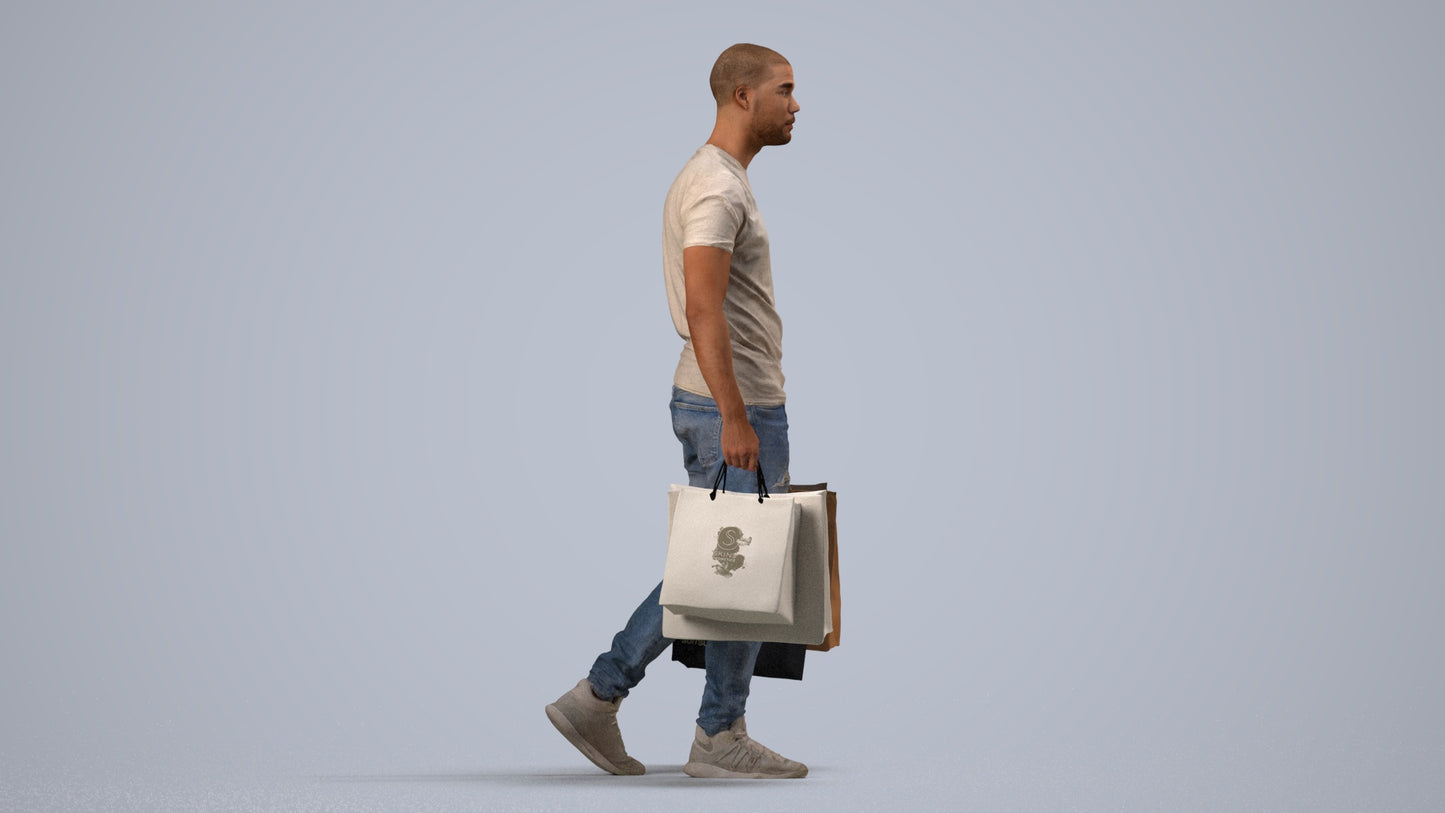 photogrammetry 3D man casual shopping, realistic human model archviz FBX, side view render