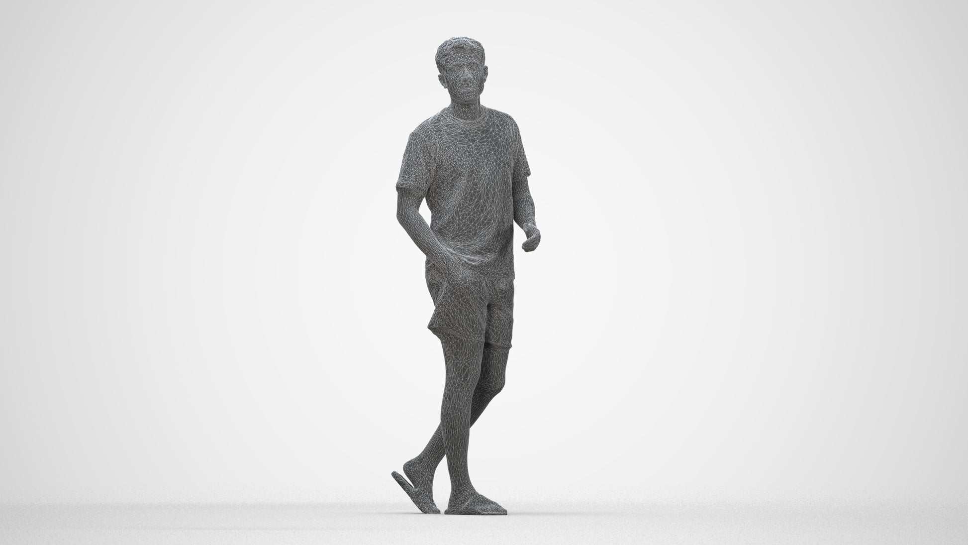 3D scanned man walking casual, photorealistic archviz people for Enscape and SketchUp, wireframe back view