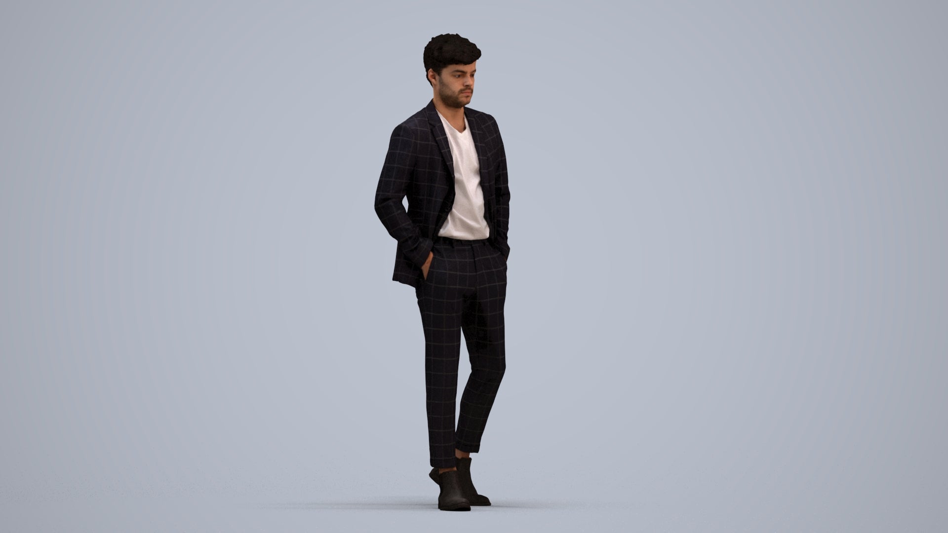 3D human model man business walking, photogrammetry scanned person for archviz, standing pose render