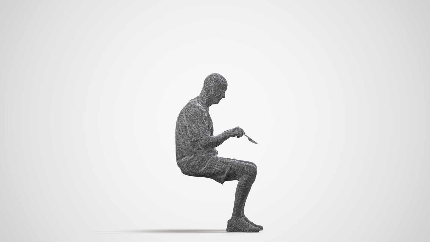 3D scanned senior man sitting casual, photorealistic archviz people for Enscape and SketchUp, wireframe side view