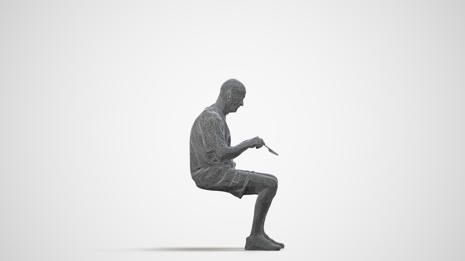 3D scanned senior man sitting casual, photorealistic archviz people for Enscape and SketchUp, wireframe side view