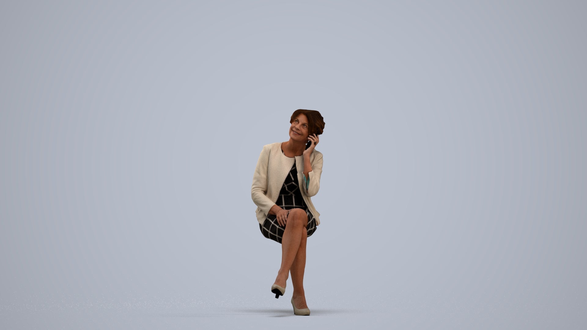 photogrammetry 3D woman business sitting, realistic human model archviz FBX, standing pose render