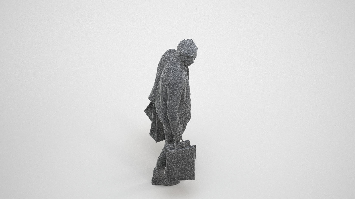 3D scanned man shopping casual, photorealistic archviz people for Enscape and SketchUp, wireframe three-quarter view
