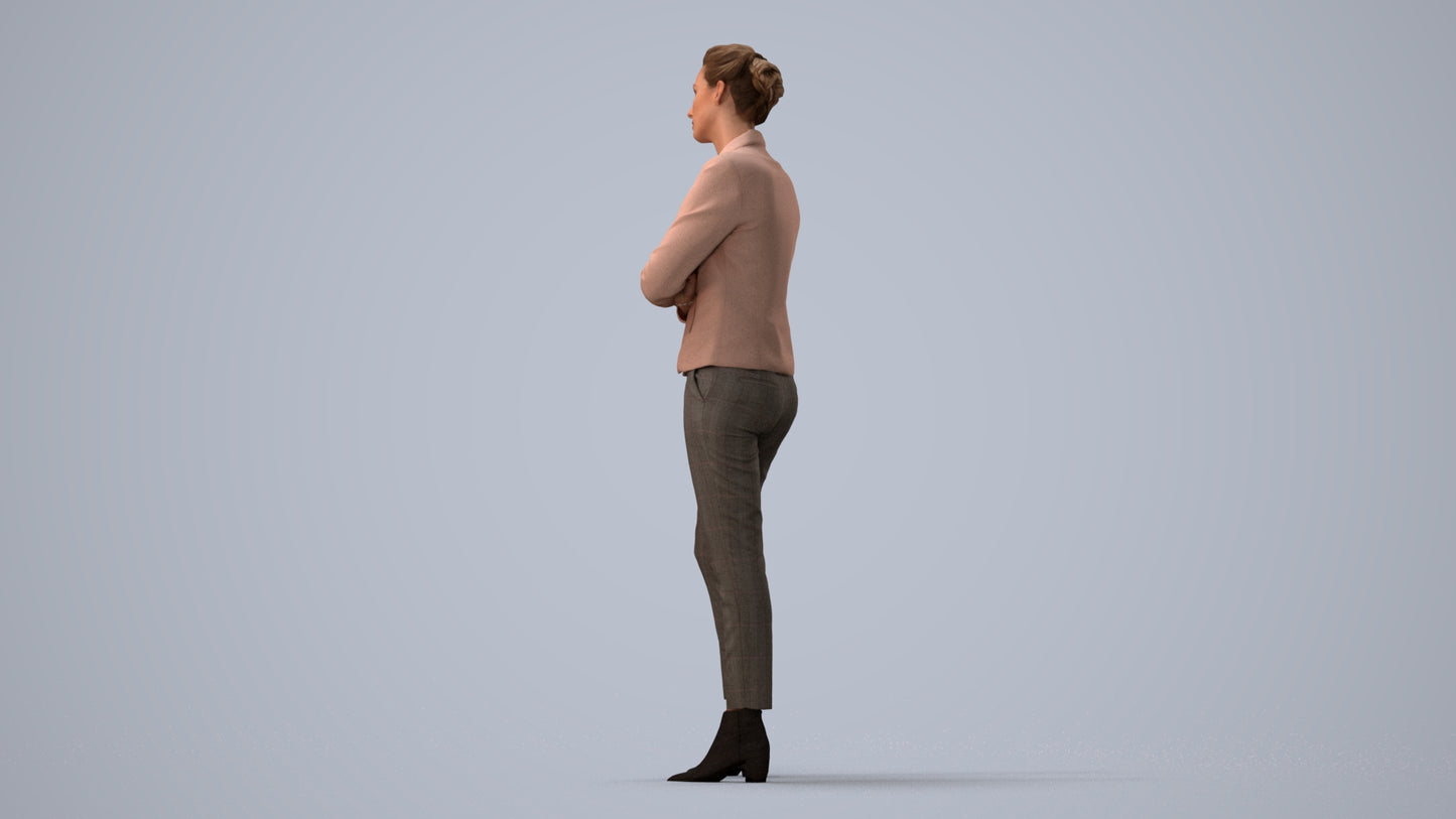 3D human model woman business, photogrammetry scanned person for archviz, three-quarter view render
