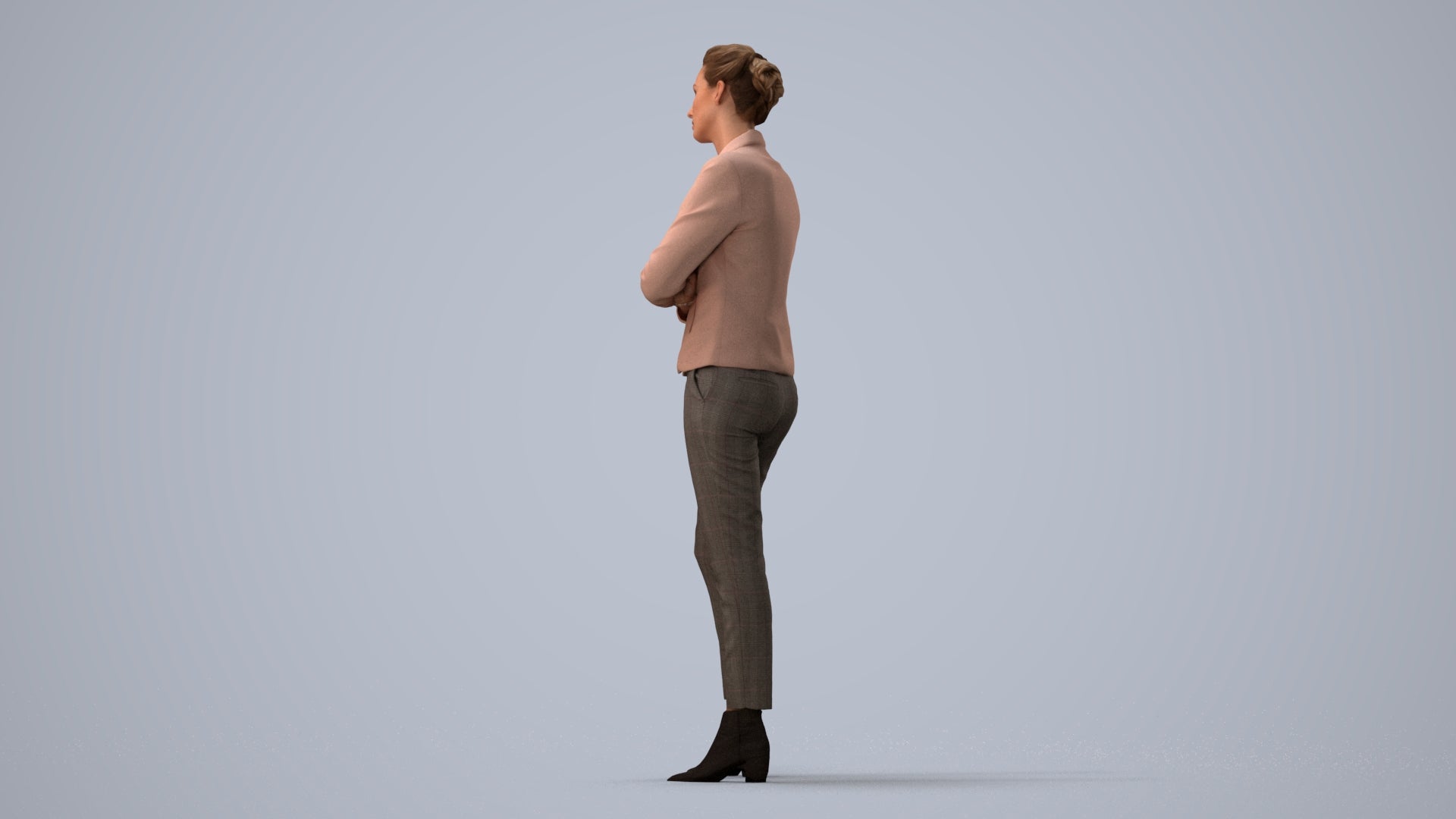3D human model woman business, photogrammetry scanned person for archviz, three-quarter view render