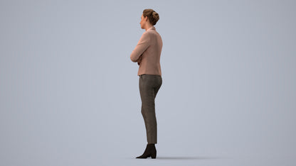 3D human model woman business, photogrammetry scanned person for archviz, three-quarter view render