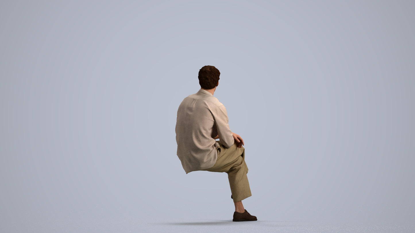 3D scanned man sitting casual, photorealistic archviz people for Enscape and SketchUp, front view render