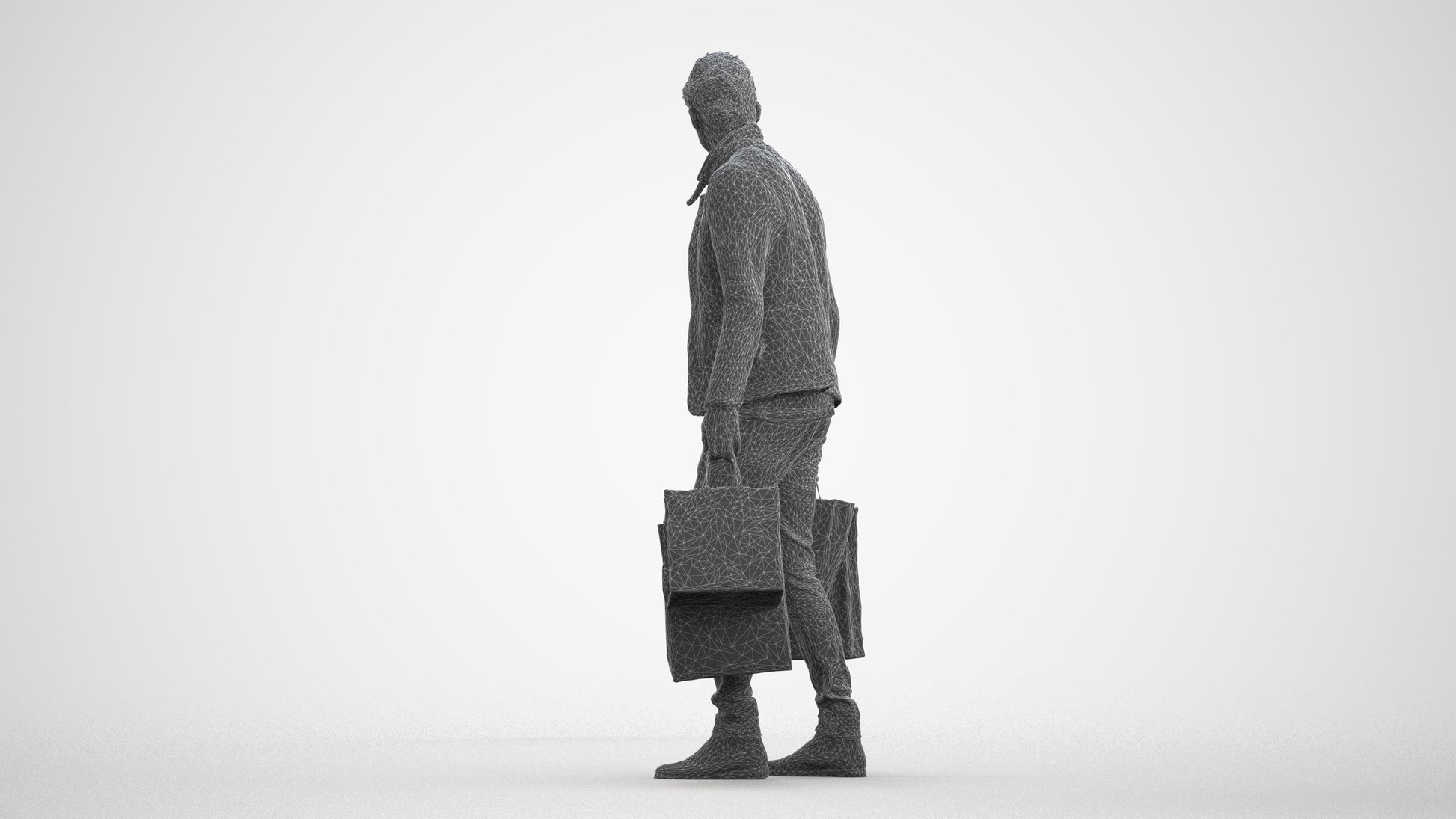 3D scanned man shopping casual, photorealistic archviz people for Enscape and SketchUp, wireframe front view