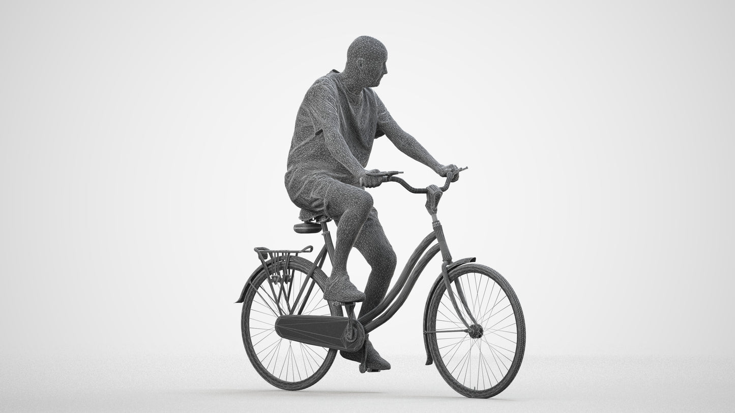 scanned 3D senior man casual cycling, photogrammetry people for Enscape and V-Ray, wireframe side view