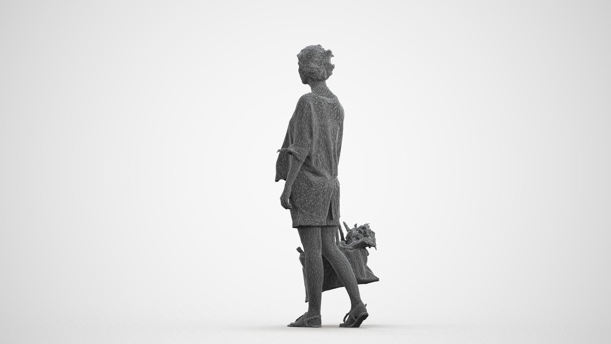 3D scanned woman shopping casual, photorealistic archviz people for Enscape and SketchUp, wireframe front view