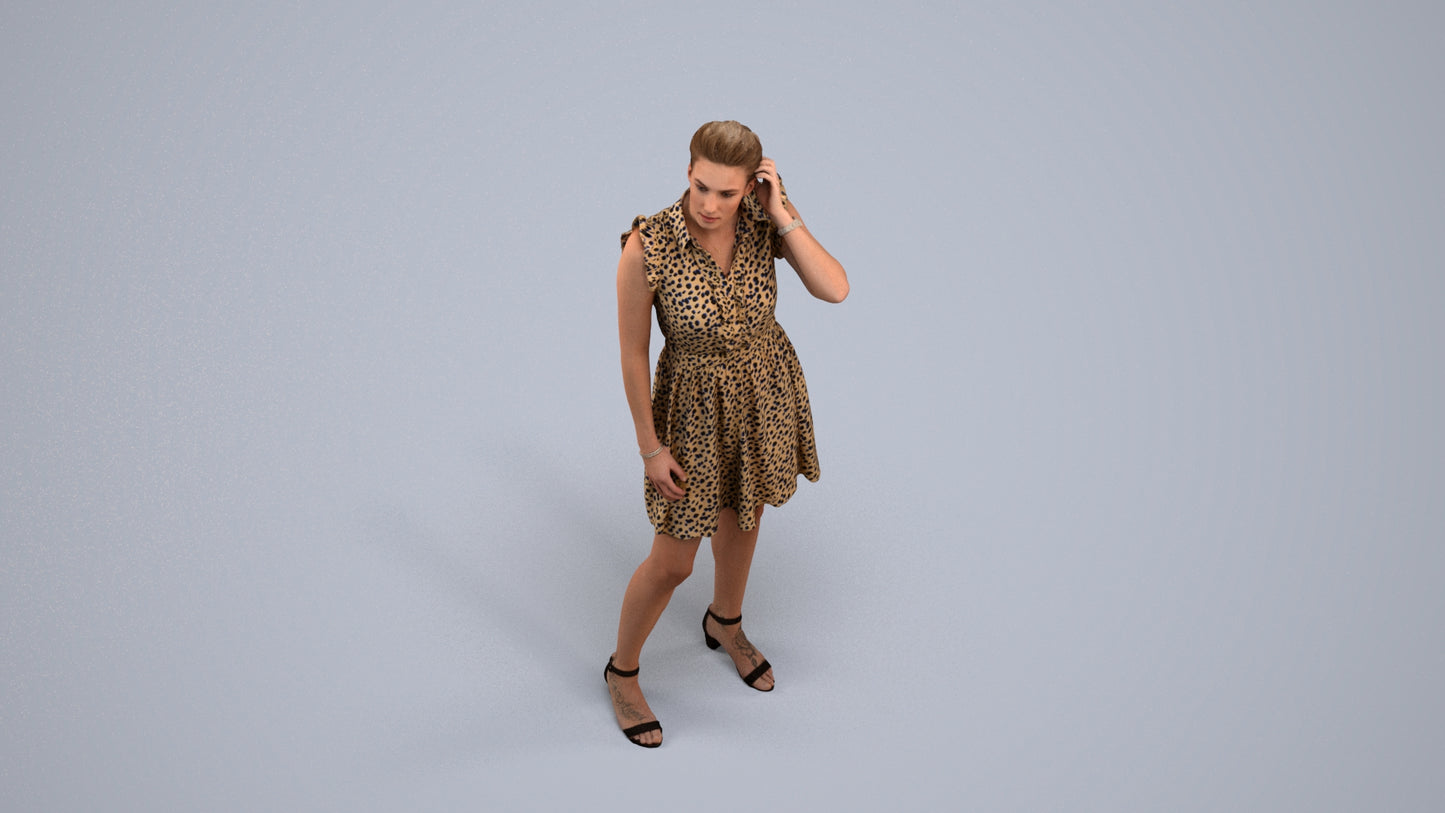 realistic 3D human woman casual standing, archviz people FBX OBJ for Blender, back view render
