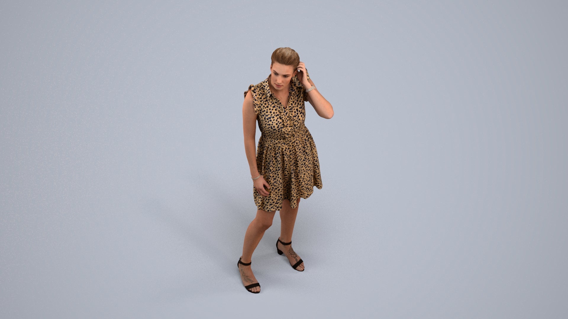 realistic 3D human woman casual standing, archviz people FBX OBJ for Blender, back view render