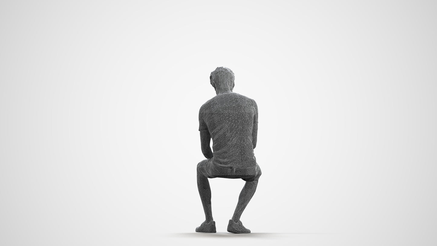 realistic 3D man casual sitting, scanned archviz people for Blender and 3ds Max, wireframe front view