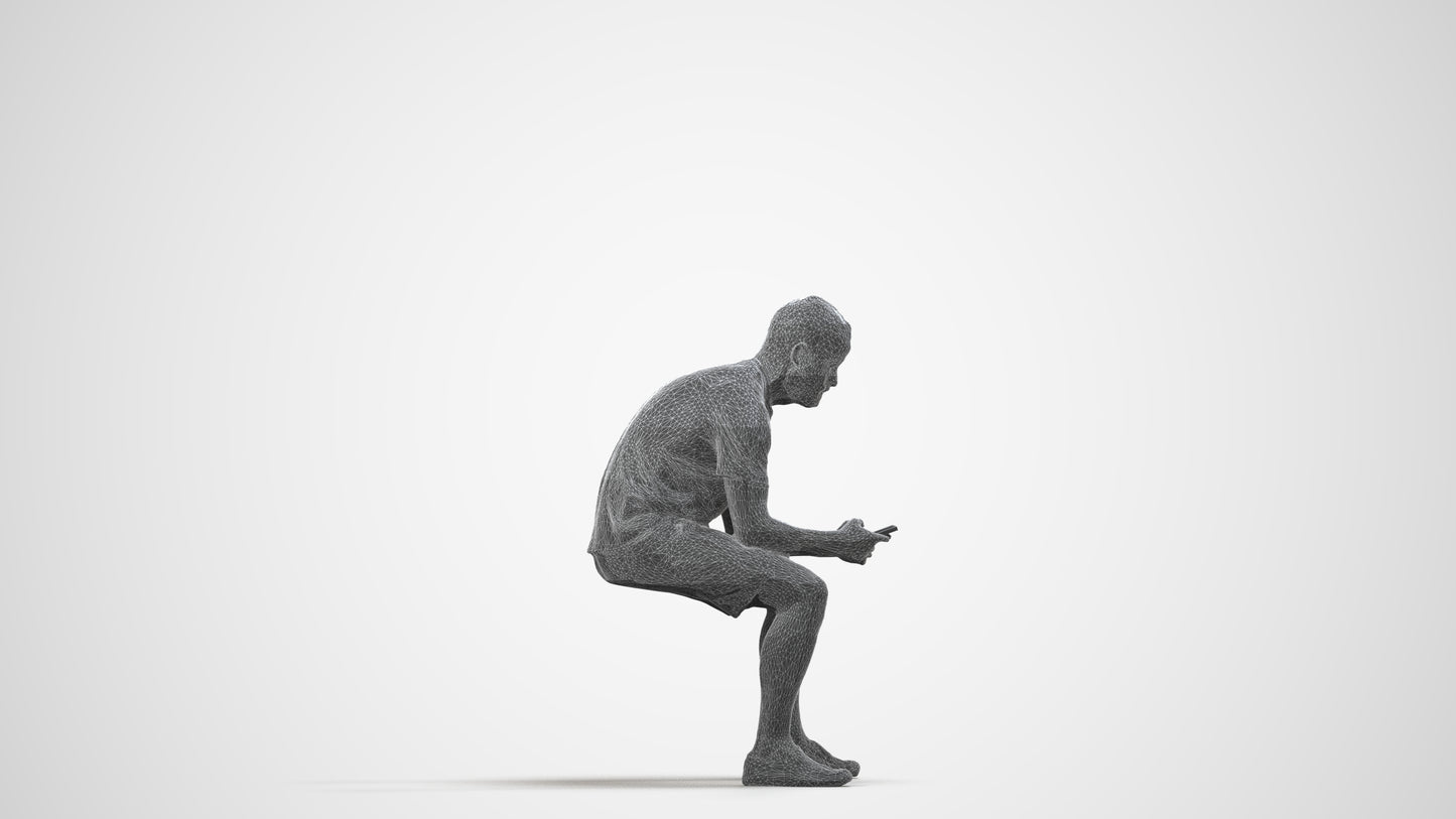realistic 3D human man casual sitting, archviz people FBX OBJ for Blender, wireframe side view