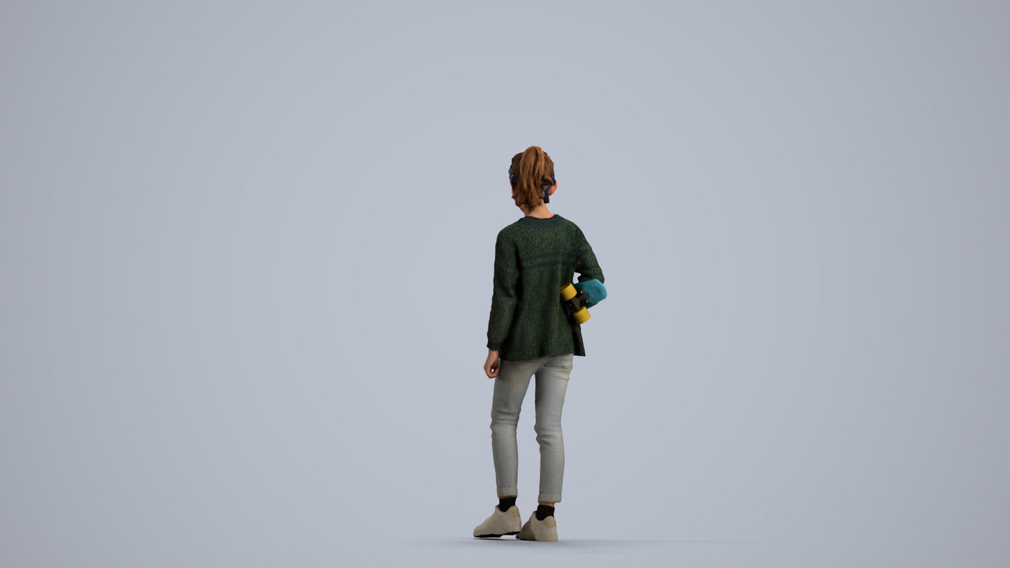realistic 3D girl casual kids, scanned archviz people for Blender and 3ds Max, front view render