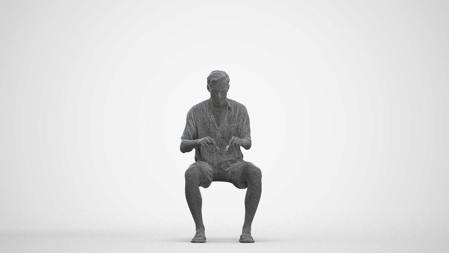 3D human model man casual sitting, photogrammetry scanned person for archviz, three-quarter front view render